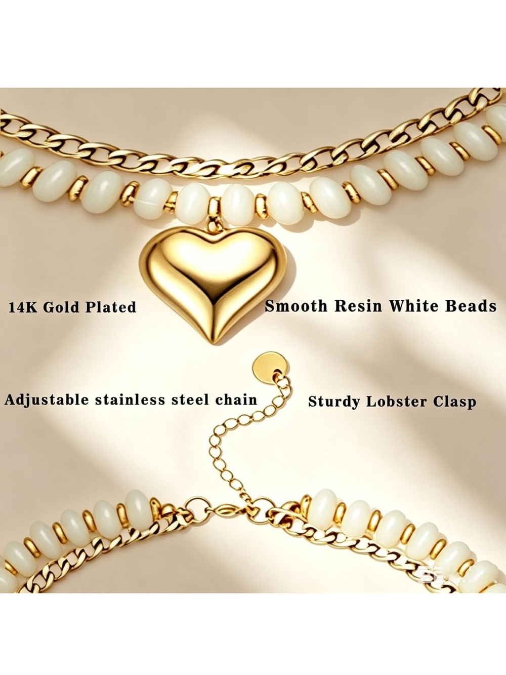 Anthropologie Gold Heart Pendant with Cream Beaded Layered Chains - Picture 4 of 6